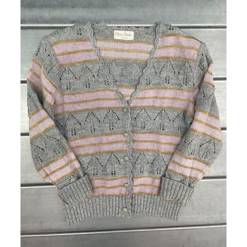 Vintage‎ Marisa Christina Sweater Womens Large Gray Pink Striped Knit Cardigan